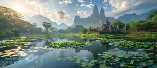 Poster - Scenic temple surrounded by beautiful natural landscape with copy space image
