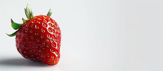 Poster - Close up of a ripe strawberry on a white background representing a natural spring delicacy with copy space image