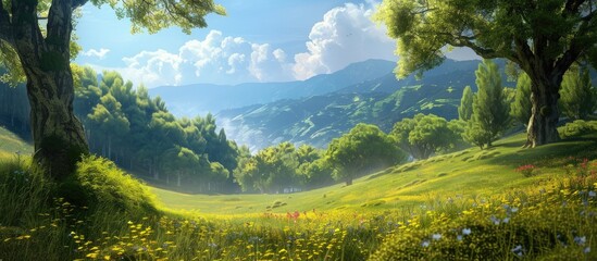 Poster - Hillside with trees providing a scenic view with a vast copy space image