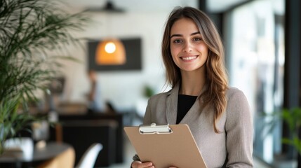 Poster - A young professional woman with a cheerful smile, holding a clipboard and ready for a presentation, standing in a brightly lit office.