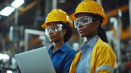 Poster - Two Female Heavy Industry Employees in Hard Hats at Factory Discussing Job Assignments at Industrial Machine Facility Using Laptop Computer Asian Engineer and African American Technici : Generative AI