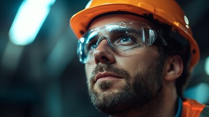Aufkleber - Construction worker thinking serious man with ideas and architect or engineer in building industry on studio background Male contractor mockup and professional builder with helmet and  : Generative AI