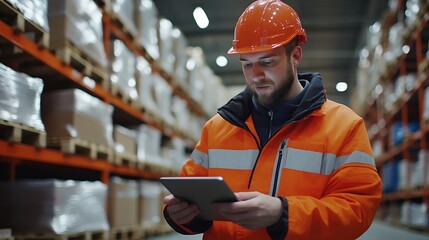 Aufkleber - Warehouse workers using a digital tablet while recording inventory Logistics employees working with warehouse management software in a large distribution centre : Generative AI