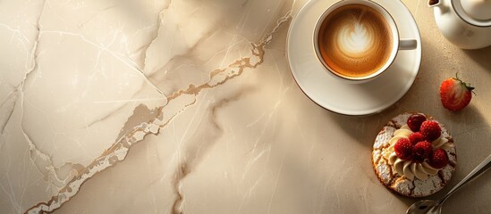 Canvas Print - Coffee and dessert laid out on the counter table with copy space image