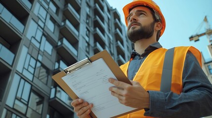 Poster - Construction portrait man and architect with clipboard for building inspection and project management with ppe safety Engineer guy paper or checklist in city for property maintenance o : Generative AI