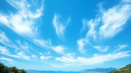 Poster - Beautiful blue sky with strange shape of clouds in the morning or evening is used as natural background texture in decorative art work : Generative AI