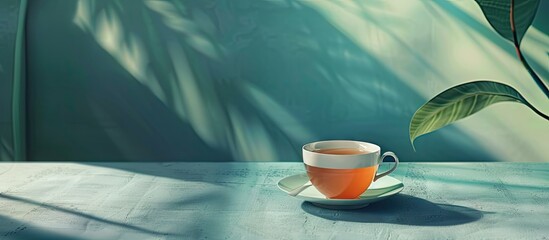 Poster - A cup of tea sits on a table with a green backdrop providing a serene atmosphere for a copy space image