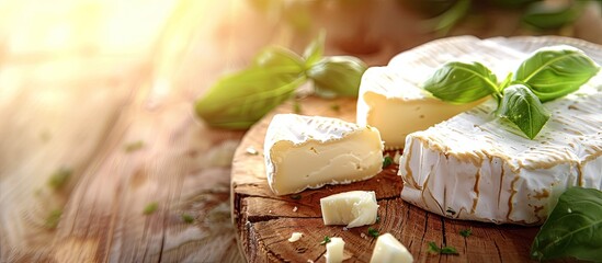 Poster - Closeup of delicious brie cheese with basil on a wooden board with copy space image