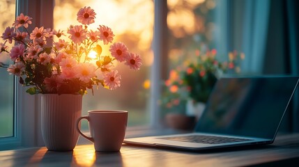 Poster - Home work place with laptop cup of hot drink and blooming brunch in vase on coffee table near window on sunset or sunrise Freelance working from home online learning home office Slow l : Generative AI