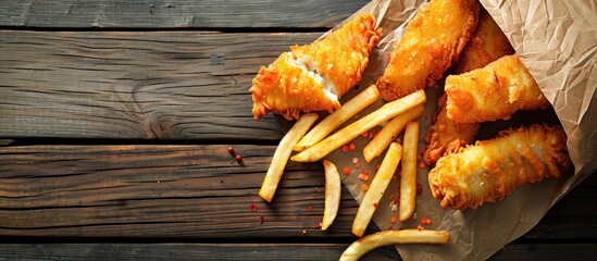 Canvas Print - Delicious golden fish sticks paired with crispy French fries perfect for a satisfying meal with copy space image