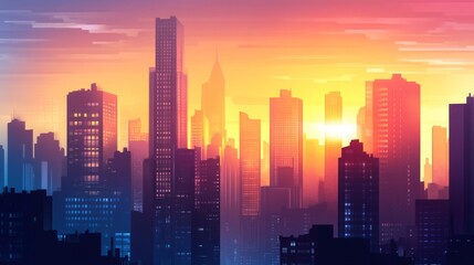 Poster - An image of a cityscape with towering skyscrapers as the sun sets, showcasing the changing colors of the sky and the building silhouettes.
