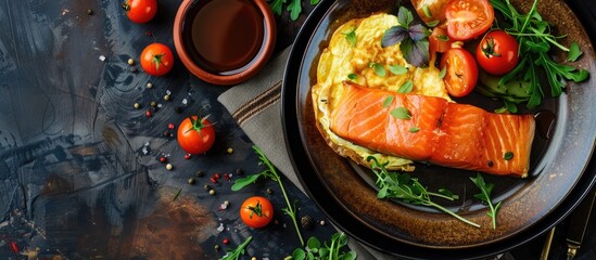 Poster - Salmon appetizer and potato omelet are house specialties and look delicious in a copy space image