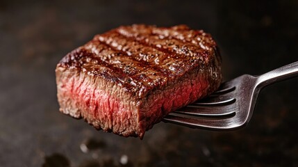 Canvas Print - A juicy steak held on a sleek metal fork with titanium details, shot close-up to highlight the rich texture and modern design.