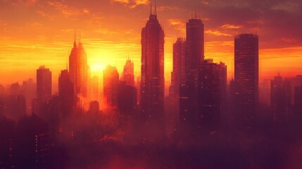 Poster - An image of a cityscape with towering skyscrapers as the sun sets, showcasing the changing colors of the sky and the building silhouettes.