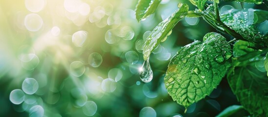 Poster - Selective focus capture of a water drop on leaves with copy space image