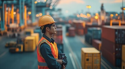 Poster - Business and technology digital future cargo logistics transportation import export concept Engineer using radio communication working at industrial port Container online checking cont : Generative AI