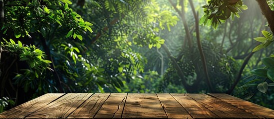 Poster - A wooden table displaying a serene copy space image nestled against a lush green forest background ideal for showcasing advertised products