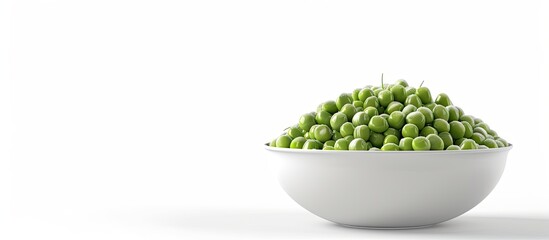 Wall Mural - A bowl containing frozen green peas displayed against a white backdrop showcasing a fresh and nutritious vegetable Ample copy space image available