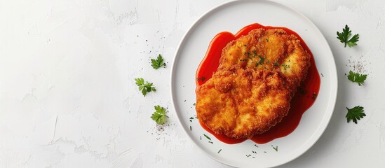 Poster - Top down view of a breaded wiener schnitzel with sauce on a plate against a white backdrop allowing for a blank area for additional imagery