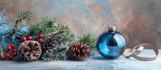 Poster - High quality photo featuring a Christmas arrangement with cones a blue glass ball and tape on a light background ideal for use as a copy space image