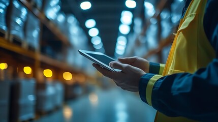 Poster - Panoramic close up hand of smart engineer man warehouse management systemWorker hands holding tablet with pen on blurred warehouse as background logistic Import export concept : Generative AI