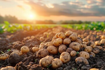 Potato field. Heaps of potatoes in garden. A crop of potatoes in the soil illuminated by the sun. Vegetables.