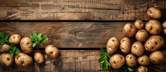 Wall Mural - Freshly harvested organic young potatoes on a wooden background Agricultural setting suitable for vegans with a place for text and copy space image