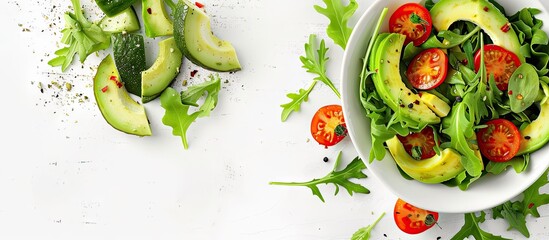 Poster - Healthy vegetarian lunch of green salad with avocado tomatoes and a vibrant copy space image