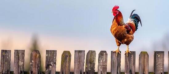Aufkleber - A chicken perched on a fence with red feathers is captured in a photograph with a clear sky in the background creating a lively and colorful copy space image