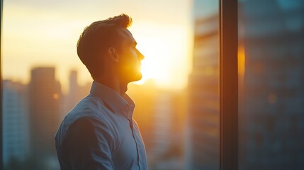 Poster - Thinking morning and businessman by window in office for ideas solution and insight for company growth Corporate entrepreneur and person for problem solving brainstorming decision and  : Generative AI