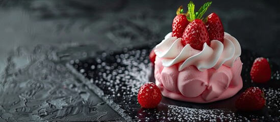 Sticker - High quality close up image of a pink marshmallow dessert with strawberries on a black background offering copy space