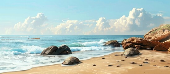 Poster - Seascape with rocks and sandy beach providing a beautiful view in the copy space image