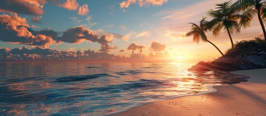 Poster - Sandy shore with palm trees a calm ocean and a sunset ideal for relaxation or a vacation with available copy space image