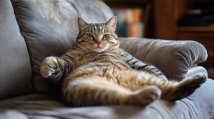 Poster - An image of a plump cat lounging on a luxurious sofa, with its paws stretched out and a look of pure contentment.
