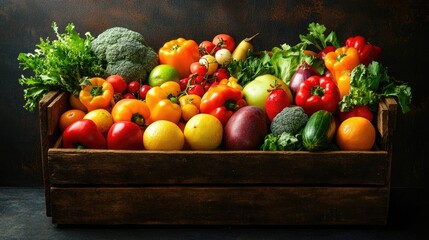 Poster - A rustic crate overflowing with a colorful assortment of fresh, organic fruits and vegetables, set on a dark wooden table, perfect for promoting healthy eating.