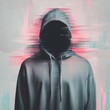 © Tombomumet Studio - Digital illustration of a faceless person in a grey hoodie on a mysterious glitch background