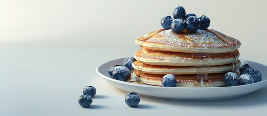 Poster - Fluffy pancake with blueberries on a plate isolated on white background with copy space image