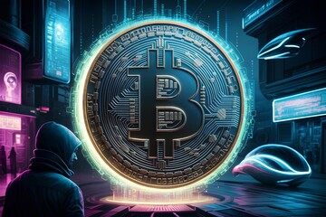 Wall Mural - Cyberpunk bitcoin digital currency, futuristic digital money, technology worldwide network concept. btc Cryptocurrency coin symbol in storm illustration peer virtual network background digital effect