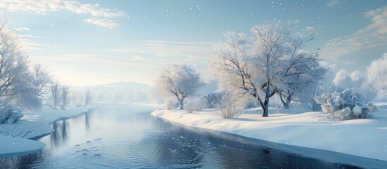 Poster - Winter scenery with a serene river winding among snow covered trees creating a picturesque copy space image