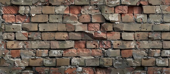 Fototapete - A weathered cracked brick wall with a worn appearance offers a suitable backdrop for copy space images