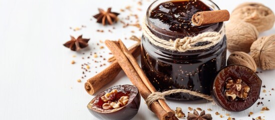 Poster - Homemade preserves of eggplant jam with walnuts cinnamon and cloves on a white background in a copy space image