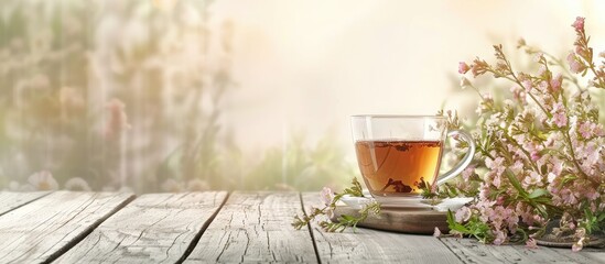 Poster - A glass cup with herbal tea and tutsan flowers creates a serene setting on the table with copy space image