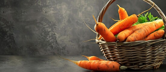 Poster - Fresh carrots in a basket set against a grey background ideal for a copy space image