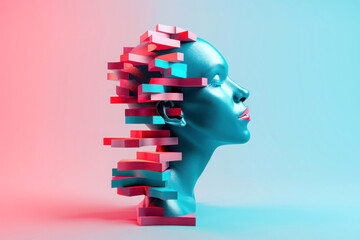 3D rendering of a woman's head made of colorful blocks.