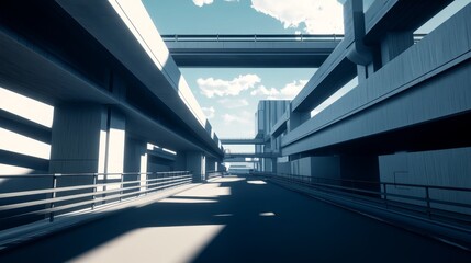 A futuristic city street with elevated walkways and a clear blue sky overhead.