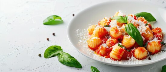 Poster - Gnocchi with tomato sauce and cheese presented on a white background ideal for a copy space image