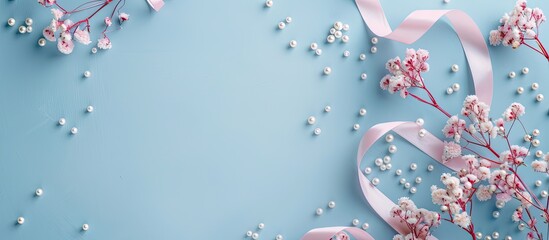 Wall Mural - Top view of a blue backdrop adorned with a delicate pink ribbon and elegant pearls perfect as a flat lay with ample copy space image