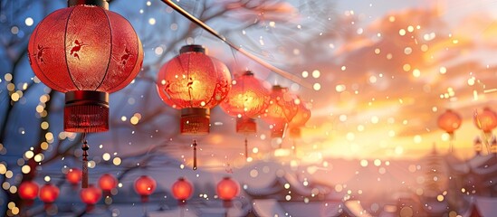 Poster - Christmas lanterns set against a picturesque sky backdrop with copy space image