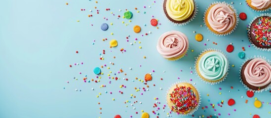 Canvas Print - Birthday party with delicious cupcakes arranged in a flat lay composition on a light blue background ideal for adding text in the copy space image