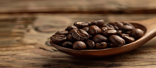 Poster - Close up view of a wooden spoon with coffee beans ideal as a copy space image
